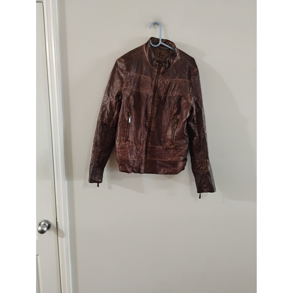 J2 Distressed Brown Faux Leather Moto Jacket Womens XL Full Zip Ribbed Detail